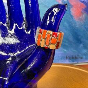 Navajo Native American Ring size 7.5 Spiny Oyster Shell Inlay and Silver Tone